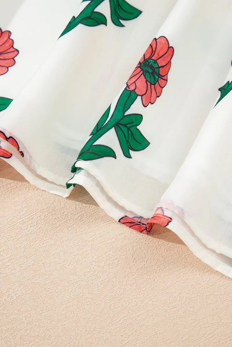 Beige Floral Print Shirred Split Neck Short Sleeve Blouse for Women - Love Salve